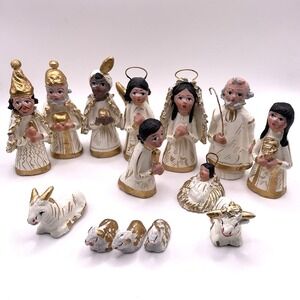 Tonala Mexican Nativity‎ Scene Hand Painted Pottery Folk Art 14 Piece Vintage